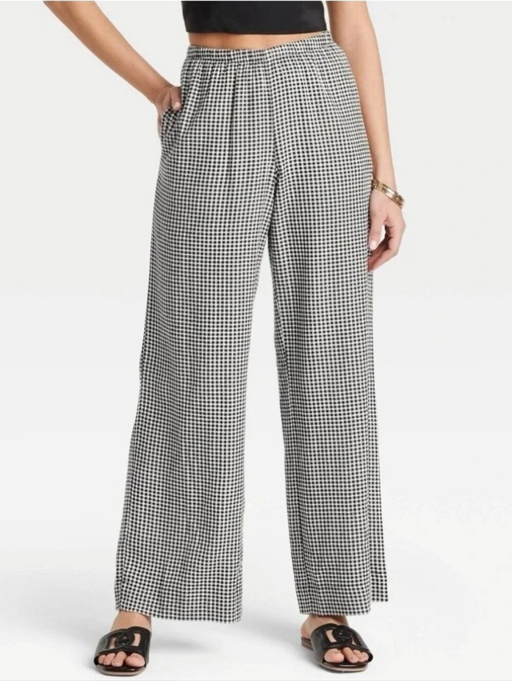 GUC A New Day "Mid-Rise Wide Leg Linen/Rayon Pull-On Pants"Black🖤Gingham🏁Small